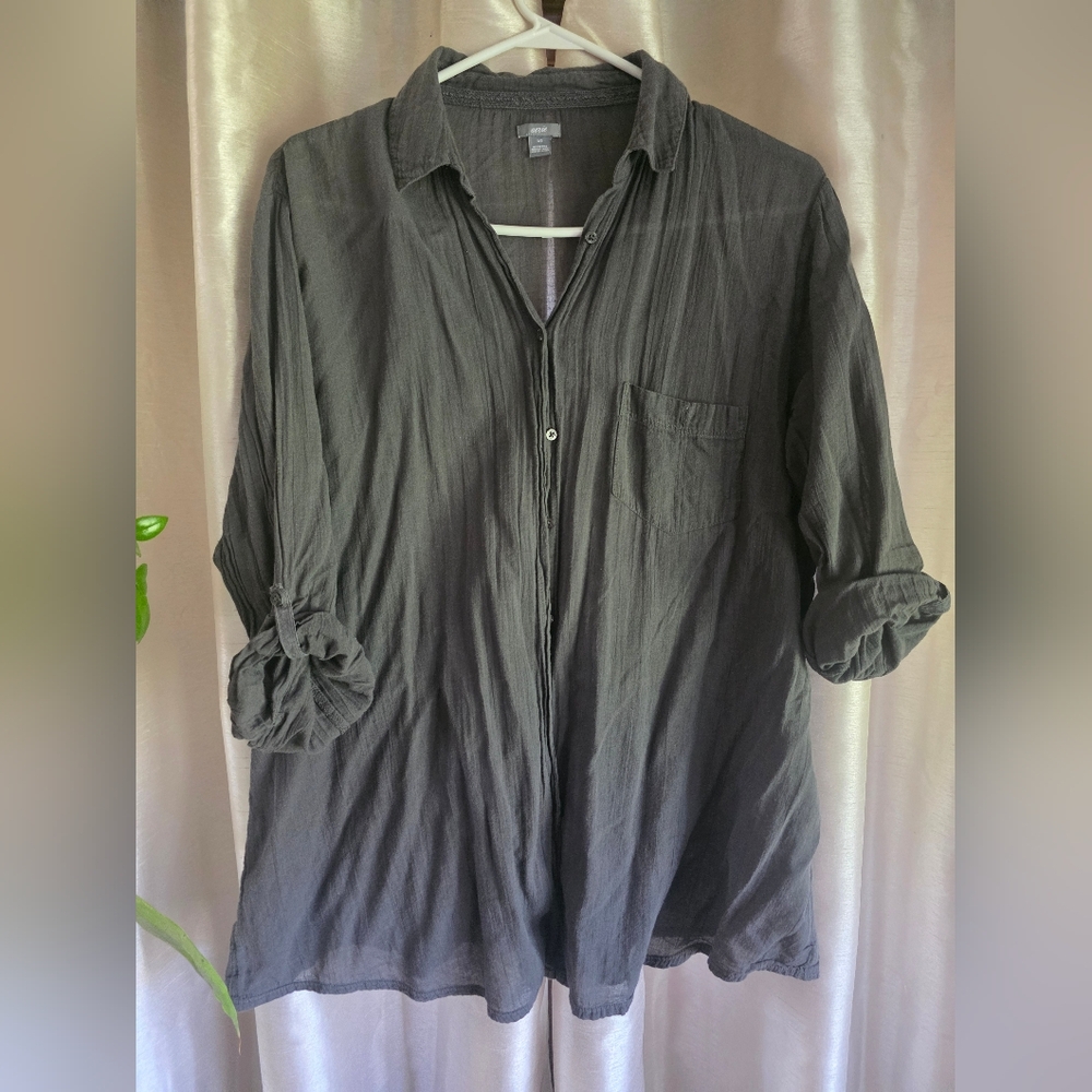 aerie Black Semi-Sheer Button-Front Blouse